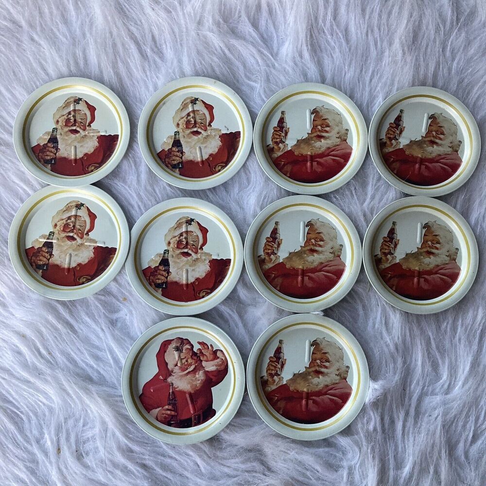 1983 Coca Cola Coke Tin Metal Santa Claus Coasters Drink Holder Vtg Lot of 10